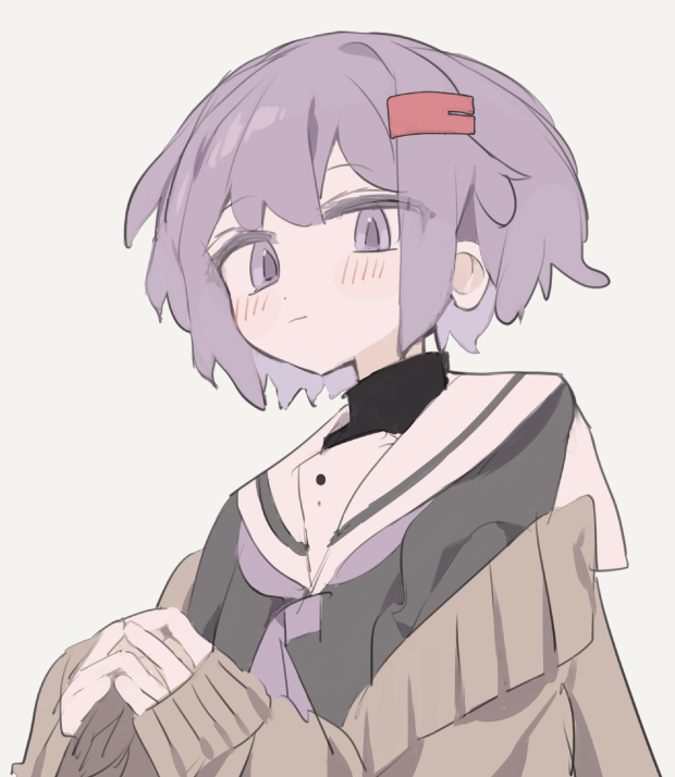 1girl a.i._voice black_shirt black_undershirt blush brown_cardigan cardigan cardigan_partially_removed closed_mouth grey_background hair_ornament hairclip long_sleeves looking_at_viewer mochisiku neckerchief purple_eyes purple_hair purple_neckerchief sailor_collar school_uniform serafuku shirt short_hair simple_background solo steepled_fingers turtleneck turtleneck_shirt upper_body voiceroid white_sailor_collar yuzuki_yukari yuzuki_yukari_(shizuku)