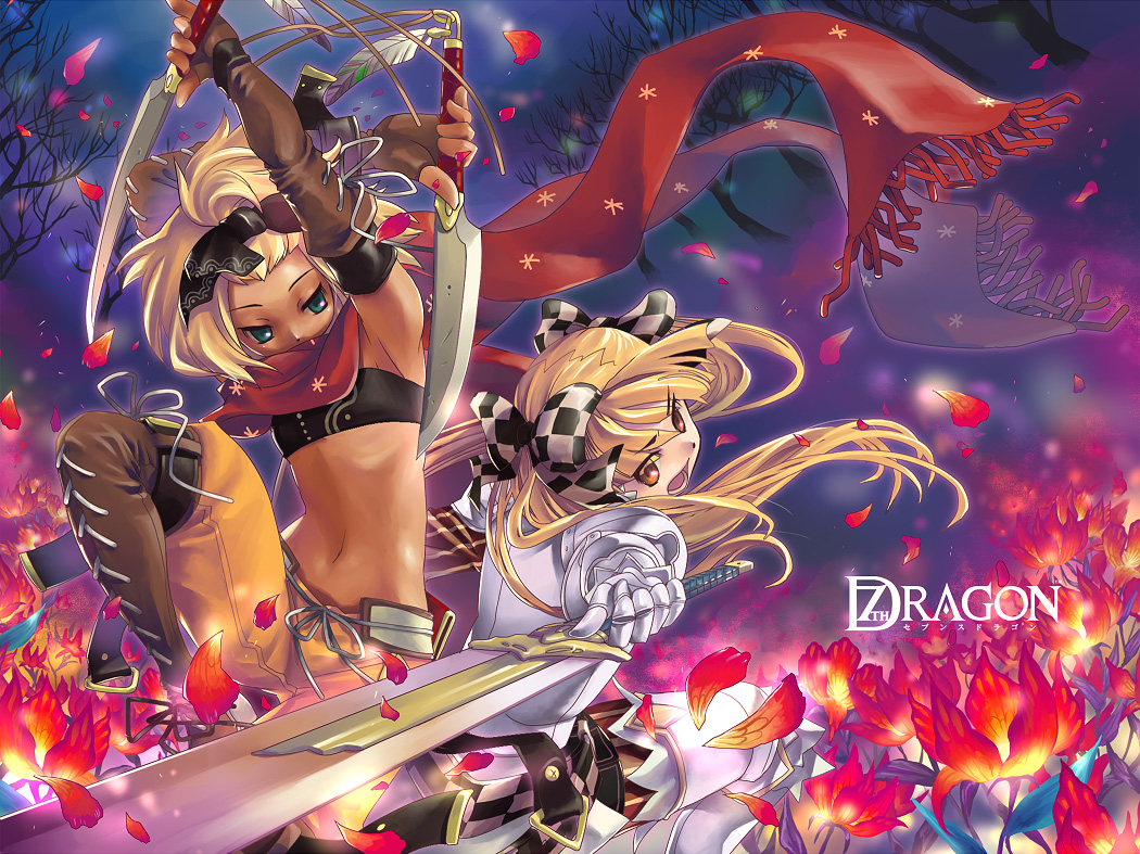 2girls 7th_dragon 7th_dragon_(series) armor berich_(7th_dragon) forehead hatch_(7th_dragon) high_ponytail knight_(7th_dragon) multiple_girls nyoro_ri ponytail rogue_(7th_dragon) sword weapon