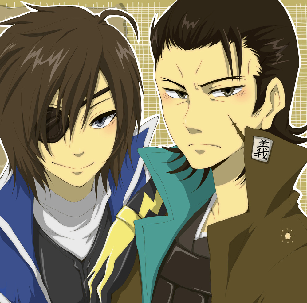 2boys ahoge arm_rest brown_eyes brown_hair date_masamune_(sengoku_basara) eyepatch facial_scar frown grey_eyes hair_slicked_back katakura_kojuurou_(sengoku_basara) looking_at_viewer male_focus multiple_boys nitoni outline portrait scar scar_on_cheek scar_on_face sengoku_basara short_hair smile white_outline yellow_background