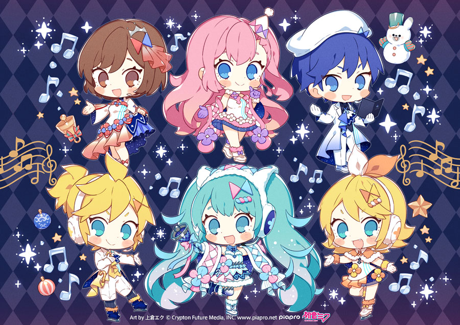 2boys 4girls :d aqua_eyes aqua_hair bell blonde_hair blue_bow blue_eyes blue_hair book boots bow brown_eyes brown_hair bush capelet chibi chibi_only commentary_request dress full_body fur-trimmed_capelet fur-trimmed_dress fur_trim gloves hair_ornament hat hatsune_miku holding holding_bell holding_book kagamine_len kagamine_rin kaito_(vocaloid) leg_up long_hair magical_mirai_(vocaloid) magical_mirai_kaito magical_mirai_kaito_(2020_winter) magical_mirai_len magical_mirai_len_(2020_winter) magical_mirai_luka magical_mirai_luka_(2020_winter) magical_mirai_meiko magical_mirai_meiko_(2020_winter) magical_mirai_miku magical_mirai_miku_(2020_winter) magical_mirai_rin magical_mirai_rin_(2020_winter) megurine_luka meiko_(vocaloid) multiple_boys multiple_girls musical_note no_pupils official_art open_mouth orange_capelet pants pink_bow pink_hair second-party_source short_hair single_thighhigh smile thighhighs twintails uekura_eku very_long_hair vocaloid white_dress white_gloves white_hat white_pants wide_sleeves
