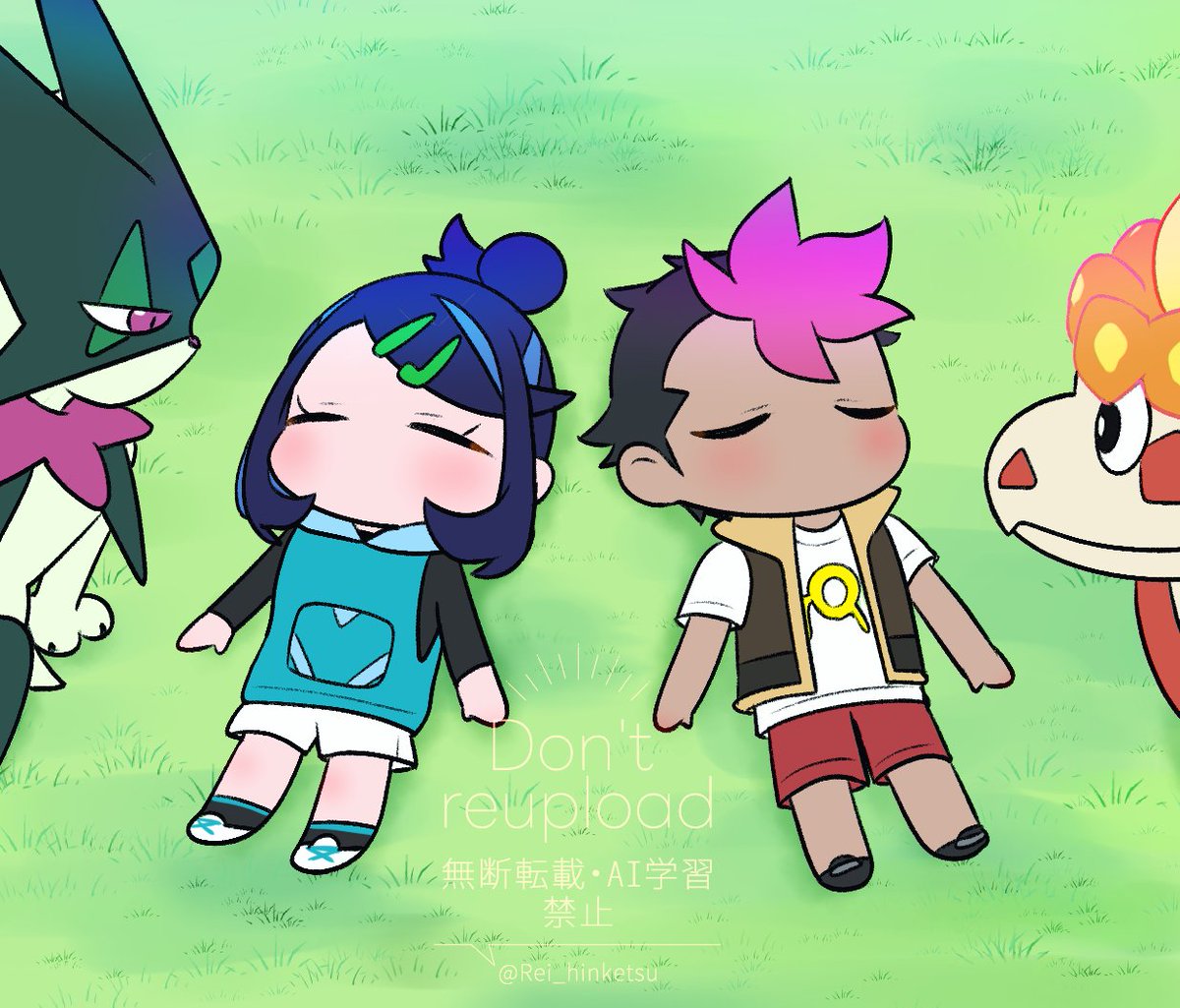 1boy 1girl black_shirt black_shoes black_socks brown_vest chibi closed_eyes commentary crocalor day eyelashes grass hair_bun hair_ornament hairclip liko_(pokemon) lying meowscarada multicolored_hair nintendo no_mouth on_back outdoors pokemon pokemon_(anime) pokemon_(creature) pokemon_horizons red_shorts rei_hinketsu roy_(pokemon) shirt shoes short_sleeves shorts socks swept_bangs symbol-only_commentary t-shirt two-tone_hair vest white_shirt white_shoes white_shorts