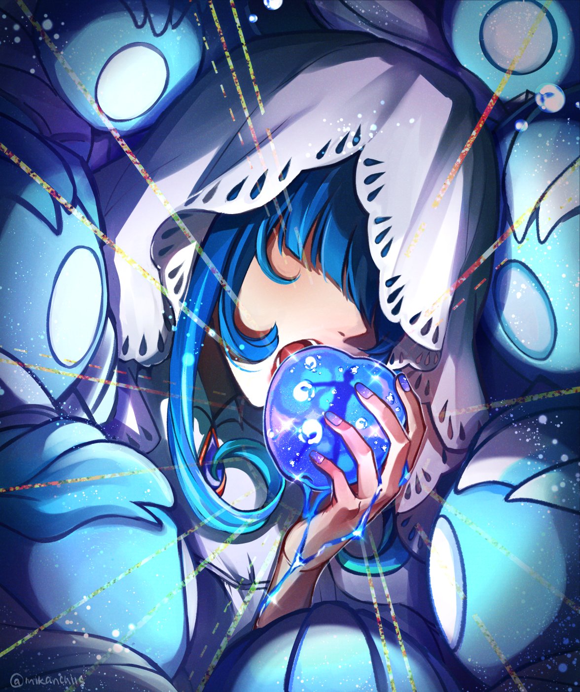 1girl artist_name blue_hair blue_nails blunt_bangs capelet commentary covered_eyes dripping egeria_(genshin_impact) english_commentary fingernails genshin_impact gradient_nails hair_over_eyes hand_up highres holding medium_hair mikanchii multicolored_hair nail_polish object_request oceanid_(genshin_impact) open_mouth purple_nails sparkle streaked_hair teeth twitter_username upper_body veil white_capelet white_veil
