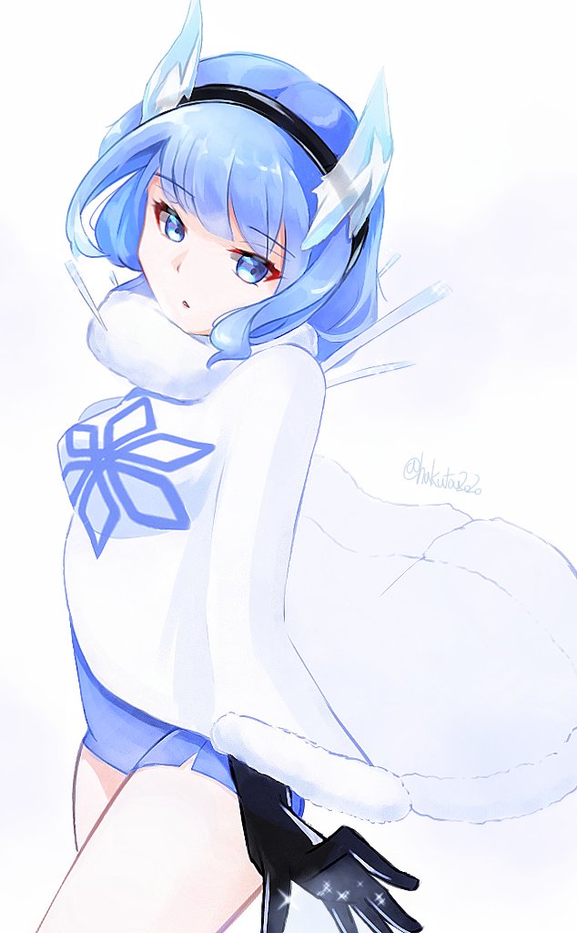 1girl blue_hair cape capelet character_costume fire_emblem fire_emblem_heroes fur-trimmed_capelet fur-trimmed_hoodie fur_trim hakutou2020 hood hoodie ice ice_horns nifl_(fire_emblem) nintendo snowflake_print solo white_cape