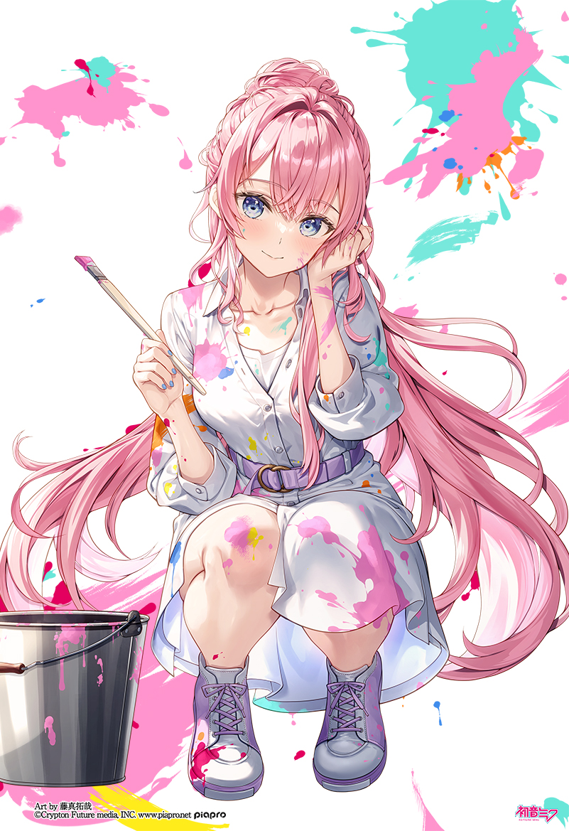 1girl artist_name belt blush breasts bucket closed_mouth collarbone copyright_logo copyright_notice dress fujima_takuya hair_intakes high_ponytail holding holding_paintbrush long_hair looking_at_viewer megurine_luka paint paintbrush piapro_studio pink_belt pink_hair pink_shoes ponytail purple_eyes shirt shoes smile solo squatting vocaloid white_background white_dress white_shirt white_shoes