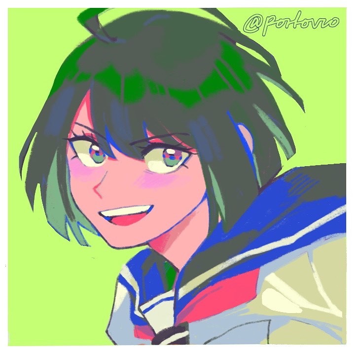 1girl :d ahoge blue_sailor_collar blush border commentary danganronpa_(series) danganronpa_another_episode:_ultra_despair_girls english_commentary eyelashes green_background green_hair naegi_komaru open_mouth portrait sailor_collar short_hair simple_background smile solo teeth upper_teeth_only vio_(portovio) white_border
