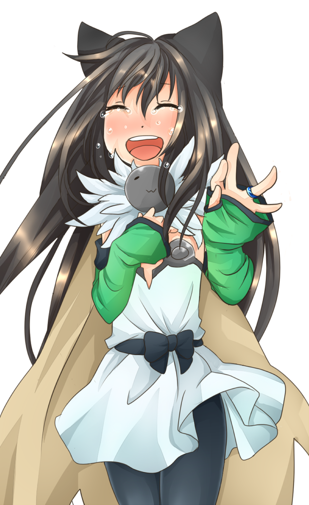 1girl :d alchemist_(ragnarok_online) alternate_color animal_ears black_hair black_pantyhose blush brown_cape cape cat_ears cat_girl closed_eyes commentary_request cowboy_shot crying detached_sleeves dress flat_chest fur_collar green_sleeves jewelry long_hair meiko_(nattu303) open_mouth pantyhose ragnarok_online ring short_dress simple_background smile solo strapless strapless_dress thumb_hole_sleeves white_background white_dress