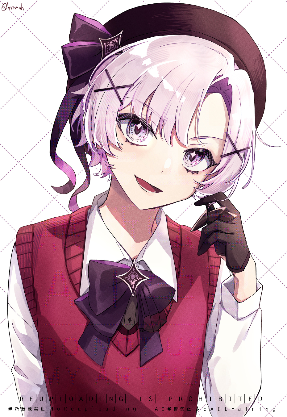 1boy :d artist_name beret black_bow black_bowtie black_gloves black_hat black_ribbon bow bowtie brooch claw_ring collared_shirt commentary_request genderswap genderswap_(ftm) gloves hair_between_eyes hair_ornament hand_up haruna_(hrnrnh) hat highres hyakumantenbara_salome jewelry long_sleeves looking_at_viewer lower_teeth_only male_focus nijisanji open_mouth parted_bangs purple_eyes purple_hair purple_ribbon red_sweater_vest ribbon shirt short_hair simple_background smile solo sweater_vest teeth twitter_username upper_body virtual_youtuber watermark white_background white_shirt wing_collar x_hair_ornament