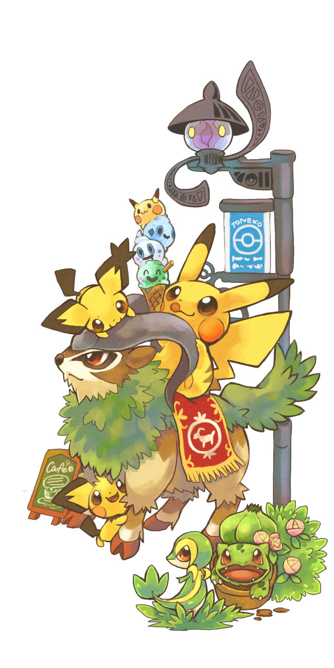 brown_eyes bulbasaur flower gen_1_pokemon gen_2_pokemon gen_5_pokemon gen_6_pokemon gogoat highres holding horns lampent licking licking_lips looking_up nintendo no_humans open_mouth pichu pikachu pokemon pokemon_(creature) red_eyes simple_background smile snivy toneko tongue tongue_out vanillite white_background
