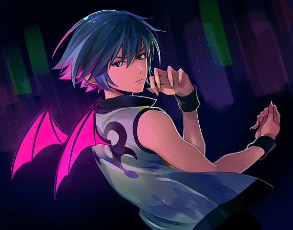 1boy aurora bad_id bad_pixiv_id bat_wings blue_hair claws dream_eater_(kingdom_hearts) glowing glowing_wings hands_up kingdom_hearts kingdom_hearts_3d:_dream_drop_distance looking_at_viewer looking_back male_focus night night_sky outdoors riku_(kingdom_hearts) short_hair sky solo upper_body vest vocon white_vest wings wristband