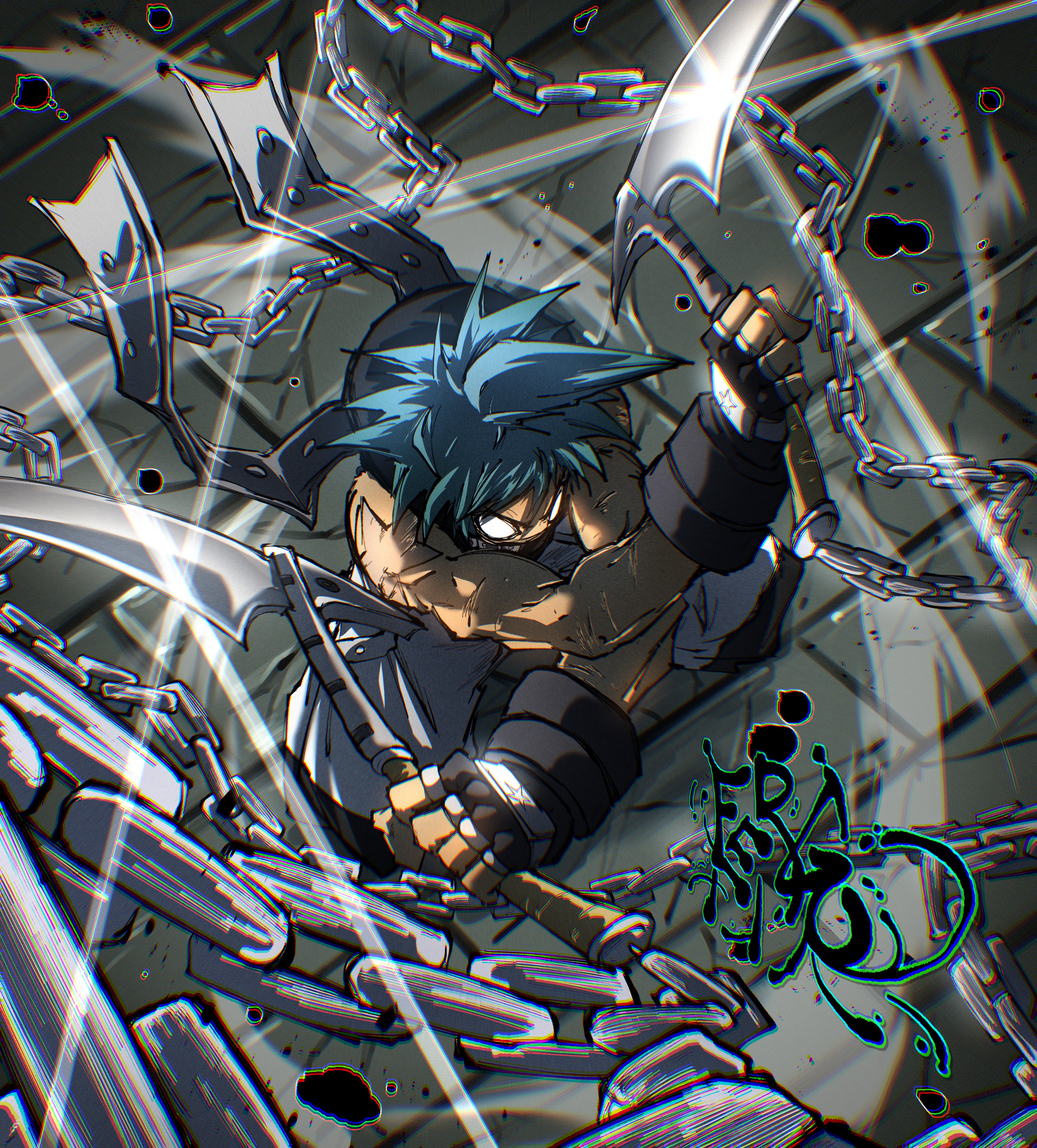 absurdres arm_tattoo baggy_pants black_hood black_star blue_hair chain fergoart fingerless_gloves gloves glowing glowing_eyes highres holding holding_scythe holding_weapon hood hooded_jacket ink_splatter jacket kusarigama male_focus muscular muscular_male no_pupils outstretched_crossed_arms pants scarf scythe sickle signature sleeveless sleeveless_jacket solo soul_eater spiked_hair star_tattoo tattoo weapon white_eyes white_pants white_scarf