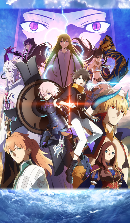1other 4boys 5girls ahoge androgynous arabian_clothes armor armored_boots armored_leotard babylonia_(fate/grand_order) bandana bandana_around_neck bandeau belt black_armor black_boots black_bow black_cloak black_hair black_hood black_jacket black_leotard black_thighhighs black_tiara blonde_hair blue_background blue_eyes blue_gloves boots bow breasts brown_belt brown_hair brown_shirt cape chain chaldea_security_organization chaldea_uniform cloak closed_mouth cloud command_spell commentary creature cropped_vest diffraction_spikes earrings elbow_gloves enkidu_(fate) fate/grand_order fate_(series) floating floating_hair fou_(fate) frilled_shirt frills fujimaru_ritsuka_(male) fujimaru_ritsuka_(male)_(true_ether_chaldea_uniform) gilgamesh gilgamesh_(caster)_(fate) gilgamesh_(fate) gloves glowing gold_collar gold_trim gorgon_(fate) green_eyes green_hair hair_between_eyes hair_bow hand_tattoo harpe_(fate/grand_order) heavenly_boat_maanna high_heels holding holding_shield holding_weapon hood hood_up ishtar_(fate) jacket jewelry key_visual kingu_(fate) lanyard leg_armor leg_up leonardo_da_vinci_(fate) leotard lightning long_hair long_sidelocks looking_at_viewer looking_to_the_side lord_camelot_(fate) mash_kyrielight mash_kyrielight_(demi-servant) medium_breasts medium_hair medusa_(fate) medusa_(lancer)_(fate) merlin_(fate) multiple_boys multiple_girls navel official_alternate_costume official_art open_mouth orange_bandana orange_hair pants parted_lips pink_eyes pink_hair promotional_art puff_and_slash_sleeves puffy_short_sleeves puffy_sleeves purple_cape purple_eyes purple_hair red_cape red_eyes rider robe romani_archaman shield shirt short_hair short_sleeves sidelocks slit_pupils strapless takase_tomoaki tattoo thighhighs third-party_source tiara two_side_up very_long_hair vest waist_cape weapon white_bandeau white_cape white_hair white_jacket white_pants white_robe white_turban