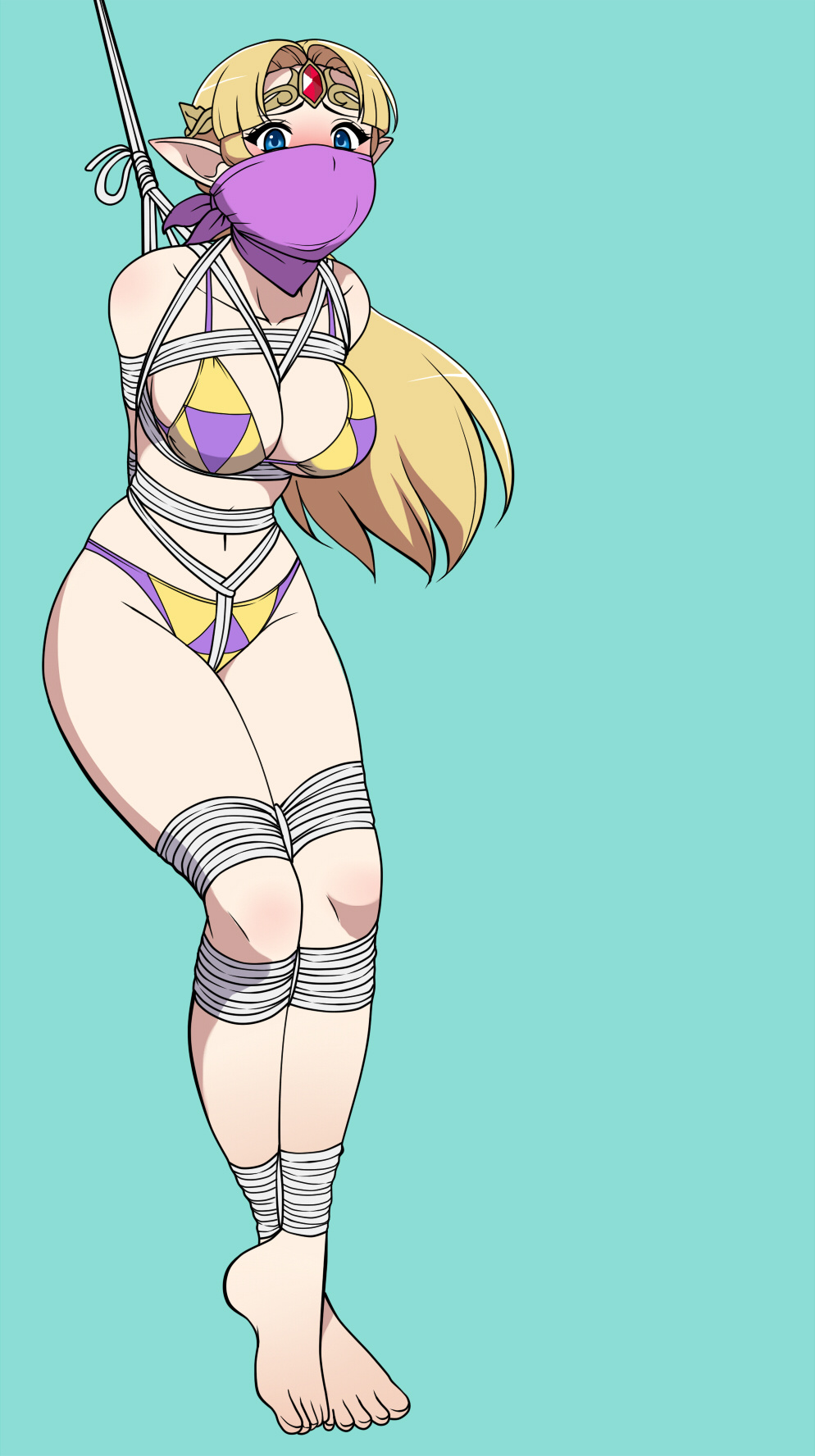1girl arms_behind_back bdsm belly bikini blush bondage bound breasts cleavage cloth_gag collarbone crotch_rope feet female_focus forehead_jewel gag gagged highres improvised_gag jam-orbital midriff navel nintendo over_the_nose_gag panties princess_zelda rope solo super_smash_bros. suspension swimsuit the_legend_of_zelda the_legend_of_zelda:_a_link_between_worlds tied_up_(nonsexual) toes triforce underwear underwear_only