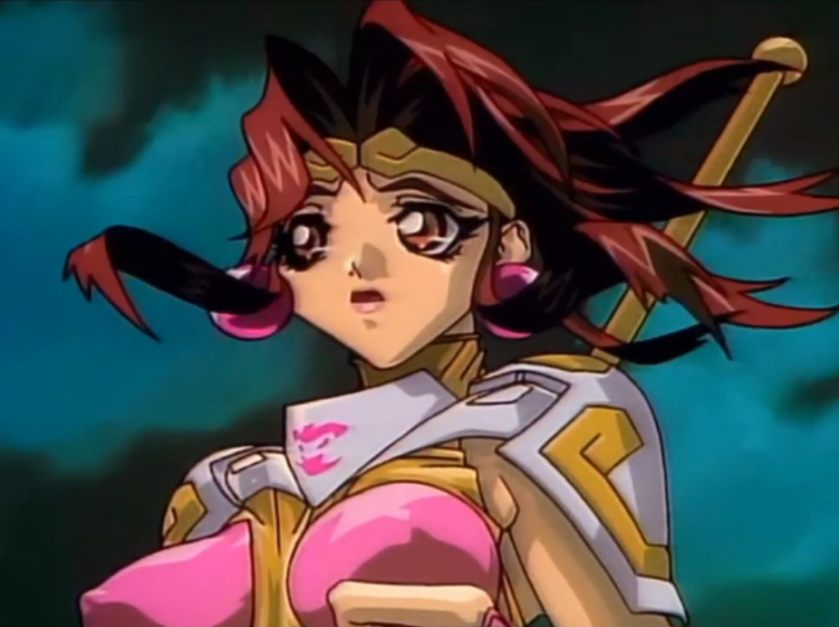1990s_(style) 1girl armor brown_eyes brown_hair choujin_gakuen_gowcaizer night night_sky oobari_masami retro_artstyle shoulder_armor sky son_karin