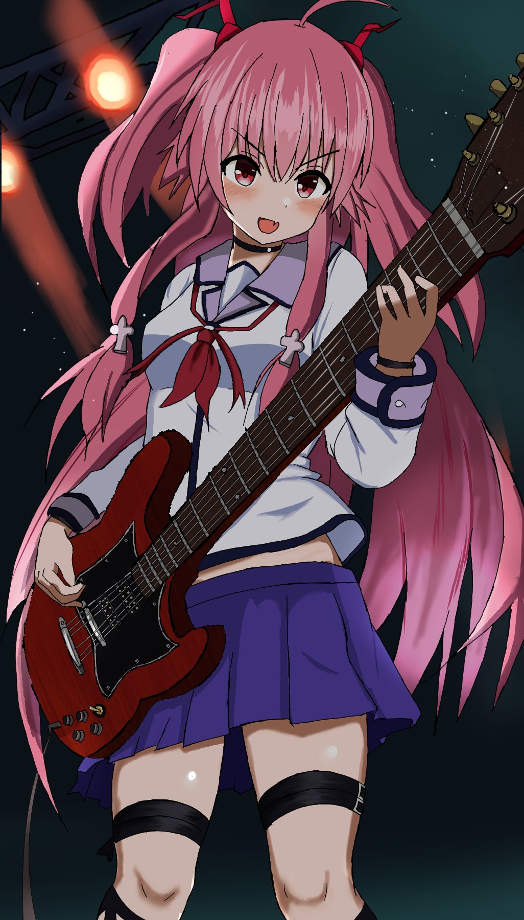 1girl :d ahoge angel_beats! black_choker blue_skirt blush choker commentary_request commission cowboy_shot cross_hair_ornament eyes_visible_through_hair fang guitar hair_between_eyes hair_ornament hair_ribbon hand_up highres holding holding_guitar holding_instrument instrument long_hair long_sleeves looking_at_viewer midriff miniskirt neckerchief nutsu8935290986 open_mouth pink_eyes pink_hair playing_guitar playing_instrument pleated_skirt red_neckerchief red_ribbon ribbon shinda_sekai_sensen_uniform shirt sidelocks skin_fang skirt smile smug solo stage stage_lights straight_hair thigh_strap two_side_up v-shaped_eyebrows very_long_hair white_shirt yui_(angel_beats!)
