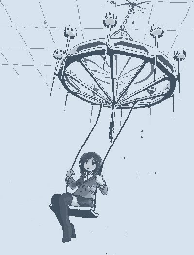 1girl black_eyes black_thighhighs blue_theme chandelier cracked_ceiling female_focus hamsterfragment long_sleeves monochrome no_nose on_swing original skirt solo swing thighhighs