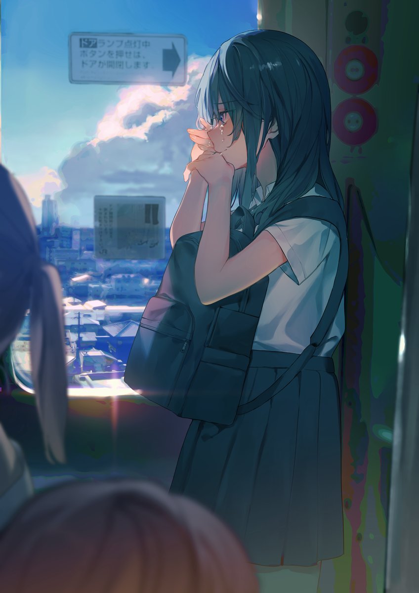 1other 2girls achiki black_hair black_skirt blue_eyes blue_sky cityscape closed_mouth cloud collared_shirt commentary cowboy_shot crying crying_with_eyes_open day highres lens_flare long_hair multiple_girls original pleated_skirt school_uniform shirt short_hair short_sleeves sidelocks skirt sky solo_focus standing tears train_interior white_shirt window