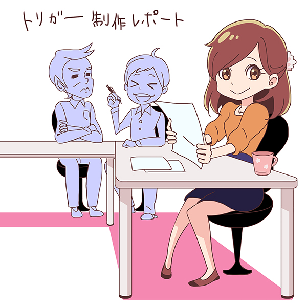 &gt;_&lt; 1girl 2boys :&gt; artist_request blouse business_suit chair closed_eyes colorized cup flat_chest formal_clothes full_body higuchi_(trigger) long_sleeves multiple_boys on_chair paper pen promotional_art puffy_long_sleeves puffy_sleeves reading secretary_(trigger) shirt shoes simple_background smile suit table tareme translation_request trigger_(company)