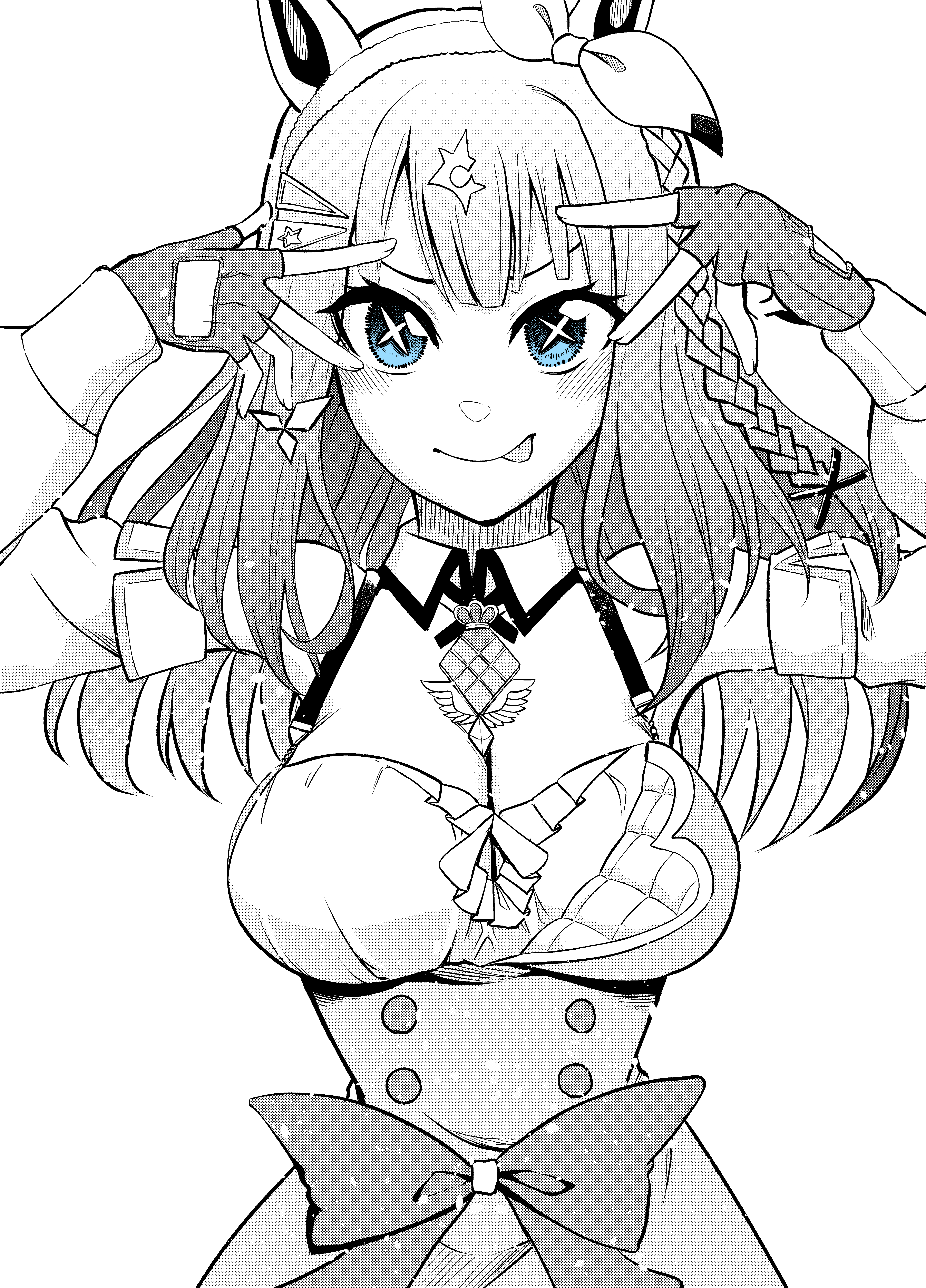 1girl absurdres almond_eye_(umamusume) animal_ears blue_eyes blunt_bangs bow braid breasts cleavage detached_collar detached_sleeves double_v fingerless_gloves gloves greyscale hair_ornament hair_ribbon hairclip highres horse_ears horse_girl hoshino_ai's_pose long_hair looking_at_viewer monochrome multicolored_hair natuumi_(jmwy5354) oshi_no_ko pose_imitation puffy_sleeves ribbon single_braid solo spot_color tongue tongue_out umamusume upper_body v waist_bow wing_collar wing_ornament