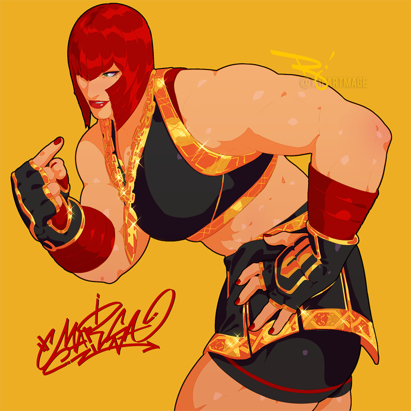 1girl artist_name biceps breasts capcom chain chain_necklace cowboy_shot feet_out_of_frame female_focus fingerless_gloves gloves green_eyes hand_on_own_hip hand_wraps jewelry large_breasts leaning_forward marisa_(street_fighter) midriff muscular muscular_female necklace parted_lips pointing pointing_at_self red_hair red_lips red_nails short_hair shorts shorts_under_skirt simple_background skirt smile solo sports_bra standing street_fighter street_fighter_6 teeth the_art_mage toned yellow_background