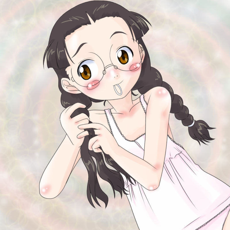 alternate_hairstyle black_hair blush braid brown_eyes brown_hair collarbone fukuda_haru girls_und_panzer glasses hair_down hair_tie hair_tie_in_mouth holding holding_hair_tie long_hair mouth_hold panties round_eyewear shirt sleepwear sleeveless sleeveless_shirt t_jiroo_(ringofriend) twin_braids tying_hair underwear white_panties white_shirt
