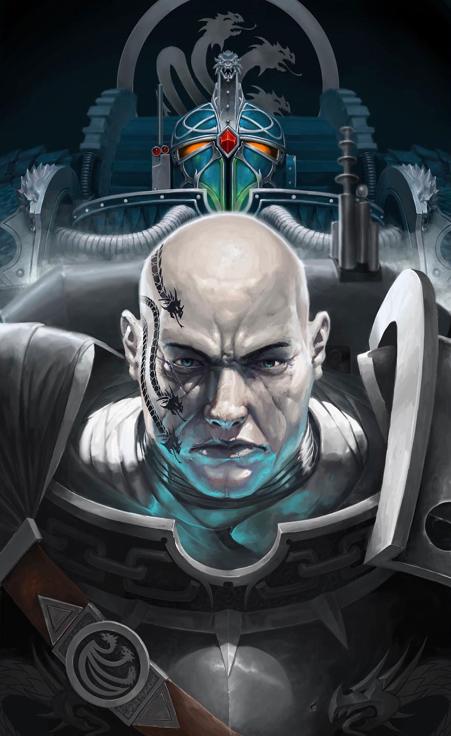 2boys alpha_legion alpharius alpharius_omegon antennae armor bald belt black_background blue_armor blue_eyes blue_light breastplate buckle chain closed_mouth commission dragon_tattoo facial_tattoo gem grey_armor helmet highres hydra kim_chan male_focus multiple_boys omegon pauldrons power_armor primarch red_gemstone scale_armor scar shoulder_armor tattoo tube upper_body warhammer_40k