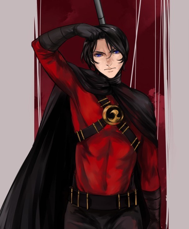 1boy abstract_background batman_(series) belt black_hair blue_eyes cape dc_comics gloves male_focus mask unworn_mask red_robin solo staff tim_drake