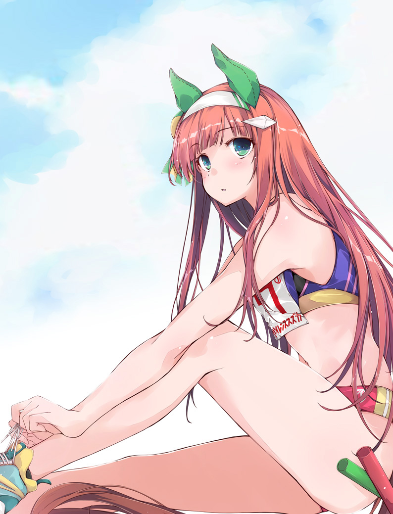 1girl animal_ears blue_sky blue_sports_bra buruma cloud commentary_request ear_covers feet_out_of_frame hairband hime_cut horse_ears horse_girl horse_tail orange_hair race_bib red_buruma silence_suzuka_(umamusume) sitting sky solo sports_bikini sports_bra tail umamusume white_hairband yumesato_makura