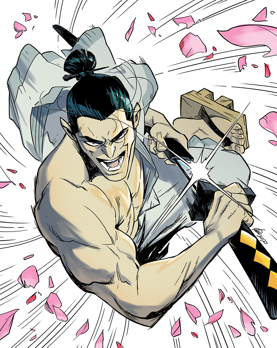1boy black_hair charging_forward commentary commission english_commentary from_above hair_ornament hair_stick highres holding holding_sword holding_weapon ivan_fiorelli male_focus manly open_mouth samurai_jack samurai_jack_(character) sandals sheath solo sword topless_male unsheathing weapon