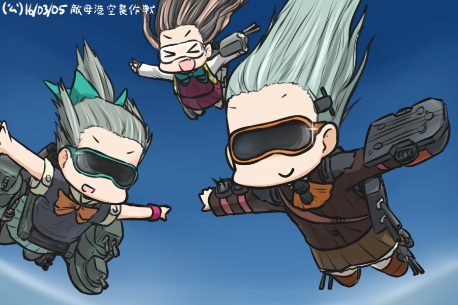 &gt;_&lt; 3girls :d ascot black_hair blue_sky bow cannon closed_eyes commentary_request dated day falling fang flight_deck freefall gleam goggles grey_hair hair_bow hamu_koutarou kantai_collection long_hair multicolored_hair multiple_girls naganami_(kancolle) open_mouth outstretched_arms pink_hair pleated_skirt ponytail ribbon school_uniform serafuku short_sleeves skirt sky skydive smile sparkle split_mouth spread_arms suzuya_(kancolle) thighhighs v-shaped_eyebrows xd yuubari_(kancolle)