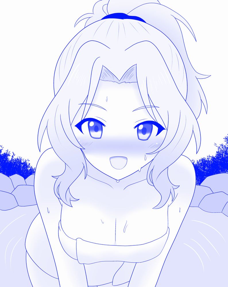 1girl bath blue_theme blush breasts cleavage commentary girls_und_panzer hair_intakes hair_tie hair_up kay_(girls_und_panzer) large_breasts leaning_forward looking_at_viewer medium_hair monochrome naked_towel ofuro open_mouth ponytail shira14 smile solo standing towel wet