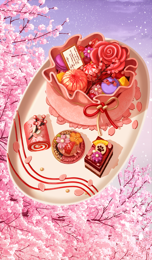 akitaken_(non_faciem) calligraphy cherry_blossoms commentary_request fate/grand_order fate_(series) food food_focus food_request food_writing fruit macaron no_humans official_art ono_no_komachi_koken-shou paw_print pink_petals pink_pouch pink_theme plate still_life strawberry strawberry_slice sweets third-party_source