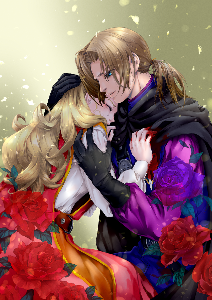 1boy 1girl anlucea aqua_eyes black_cloak black_gloves blonde_hair blood blood_on_clothes blood_on_hands brother_and_sister brown_hair cloak closed_eyes comforting commentary_request crying curly_hair dragon_quest dragon_quest_x flower gloves hand_on_another&#039;s_arm hand_on_another&#039;s_chest hand_on_another&#039;s_head highres kosuga_kumi long_hair low_ponytail ponytail purple_sleeves red_flower red_rose rose siblings tears touma_(dq10)