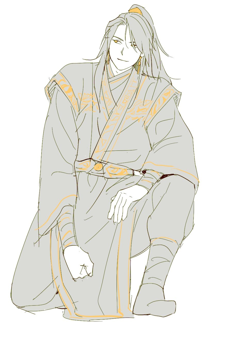 1boy black_hair black_hanfu black_sash chinese_clothes clenched_hand closed_mouth dailysarndean earrings full_body gold_earrings half_updo hand_on_own_leg hanfu high_ponytail highres jewelry jinhongi long_hair long_sleeves looking_to_the_side male_focus on_one_knee ponytail sash simple_background smile solo white_background wide_sleeves xiao_guan_(headdress) yellow_eyes zaha zhijupao