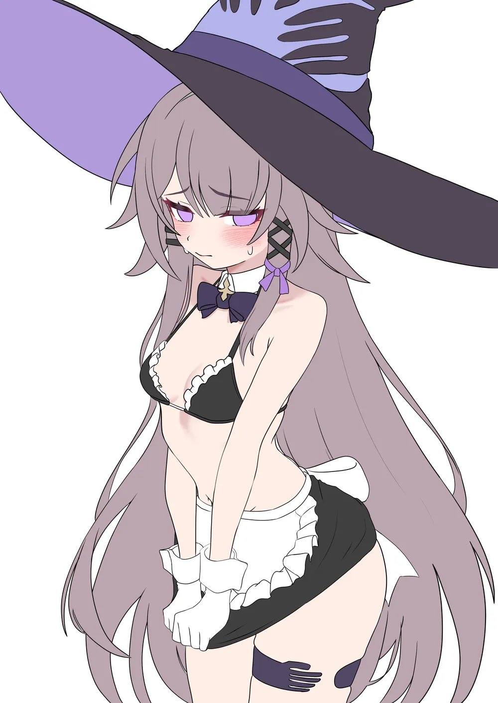 1girl apron black_bra black_hat black_skirt blush bra breasts brown_hair closed_mouth commentary commentary_request english_commentary frilled_apron frilled_bra frills gloves hat herta_(honkai:_star_rail) highres honkai:_star_rail honkai_(series) korean_commentary long_hair looking_at_viewer mixed-language_commentary oldsickkim purple_eyes simple_background skirt skirt_tug small_breasts solo stomach sweat the_herta_(honkai:_star_rail) underwear unfinished very_long_hair waist_apron white_apron white_background white_gloves white_wrist_cuffs witch_hat wrist_cuffs