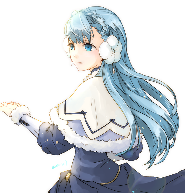 1girl blue_eyes blue_hair braid crown_braid female_focus fire_emblem fire_emblem_echoes:_shadows_of_valentia fire_emblem_heroes fur_trim long_hair long_sleeves nintendo parted_lips rinea_(fire_emblem) rinea_(soiree)_(fire_emblem) robaco simple_background solo twitter_username upper_body white_background