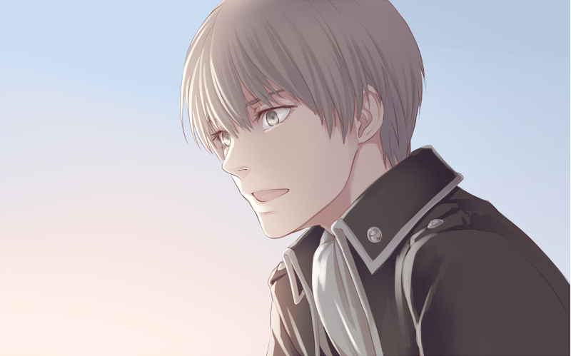 1boy black_jacket brown_hair from_side gintama gradient_background grey_eyes jacket leuco looking_ahead male_focus okita_sougo open_mouth portrait simple_background solo