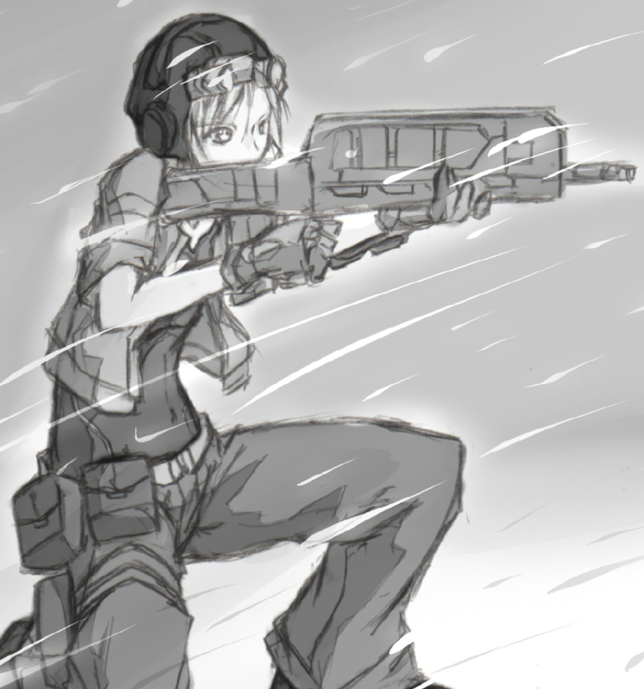 1girl capcom female_focus gradient_background gun hat lost_planet lost_planet_2 machine_gun monochrome novemdecuple outdoors snow solo waysider weapon