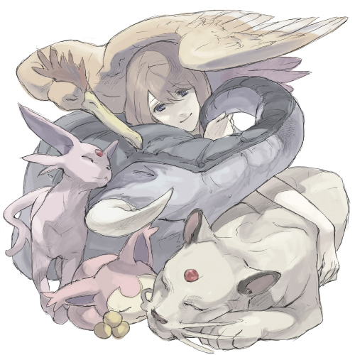 1girl bad_id bad_pixiv_id blue_eyes brown_hair donphan espeon fearow gen_1_pokemon gen_2_pokemon gen_3_pokemon hug lowres nintendo nishihara_isao persian pokemon pokemon_(creature) simple_background skitty sleeping smile tail white_background