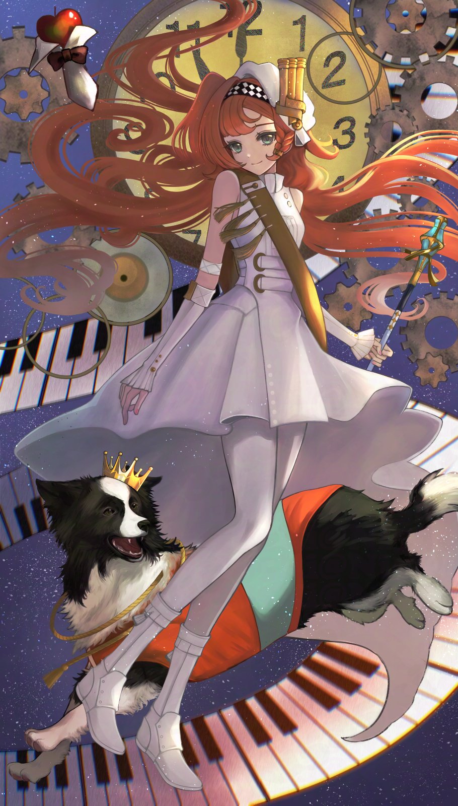 1girl apple apple_(reverse:1999) beret black_bow black_bowtie blue_background boots border_collie bow bowtie checkered_hairband clock crown dog dress floating_hair food fruit full_body gears green_eyes hairband hat highres holding_baton instrument keyboard_(instrument) long_hair looking_at_viewer marching_band_baton mini_crown official_alternate_costume pantyhose pickles_(reverse:1999) reverse:1999 sash short_dress shoulder_sash sleeveless sleeveless_dress smile solo sonetto_(parade_anthem)_(reverse:1999) sonetto_(reverse:1999) standing traditional_bowtie utagawa_niki very_long_hair white_arm_warmers white_boots white_dress white_hat white_pantyhose yellow_sash