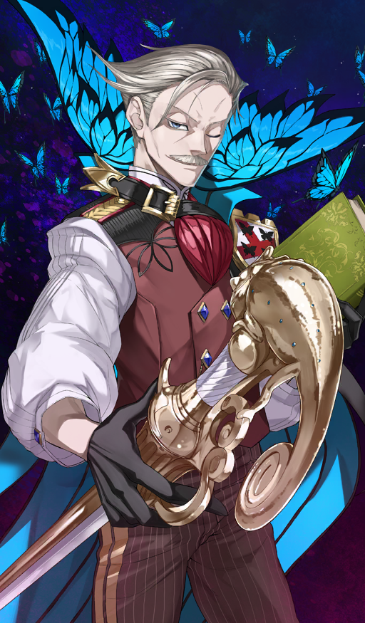 1boy ascot belt_buckle black_gloves blue_background blue_cape blue_eyes book brown_pants buckle bug butterfly buttons cane cape closed_mouth coat_of_arms commentary cowboy_shot double-breasted facial_hair fate/grand_order fate_(series) gloves grey_facial_hair grey_hair hair_slicked_back high_collar holding holding_book holding_cane insect james_moriarty_(archer)_(fate) long_sleeves looking_at_viewer male_focus mature_male mustache official_art old old_man one_eye_closed pants pinstripe_pants pinstripe_pattern red_ascot red_vest sasaki_shounen shinjuku_(fate/grand_order) shirt short_hair side_cape smile solo standing third-party_source vest white_shirt wrinkled_skin