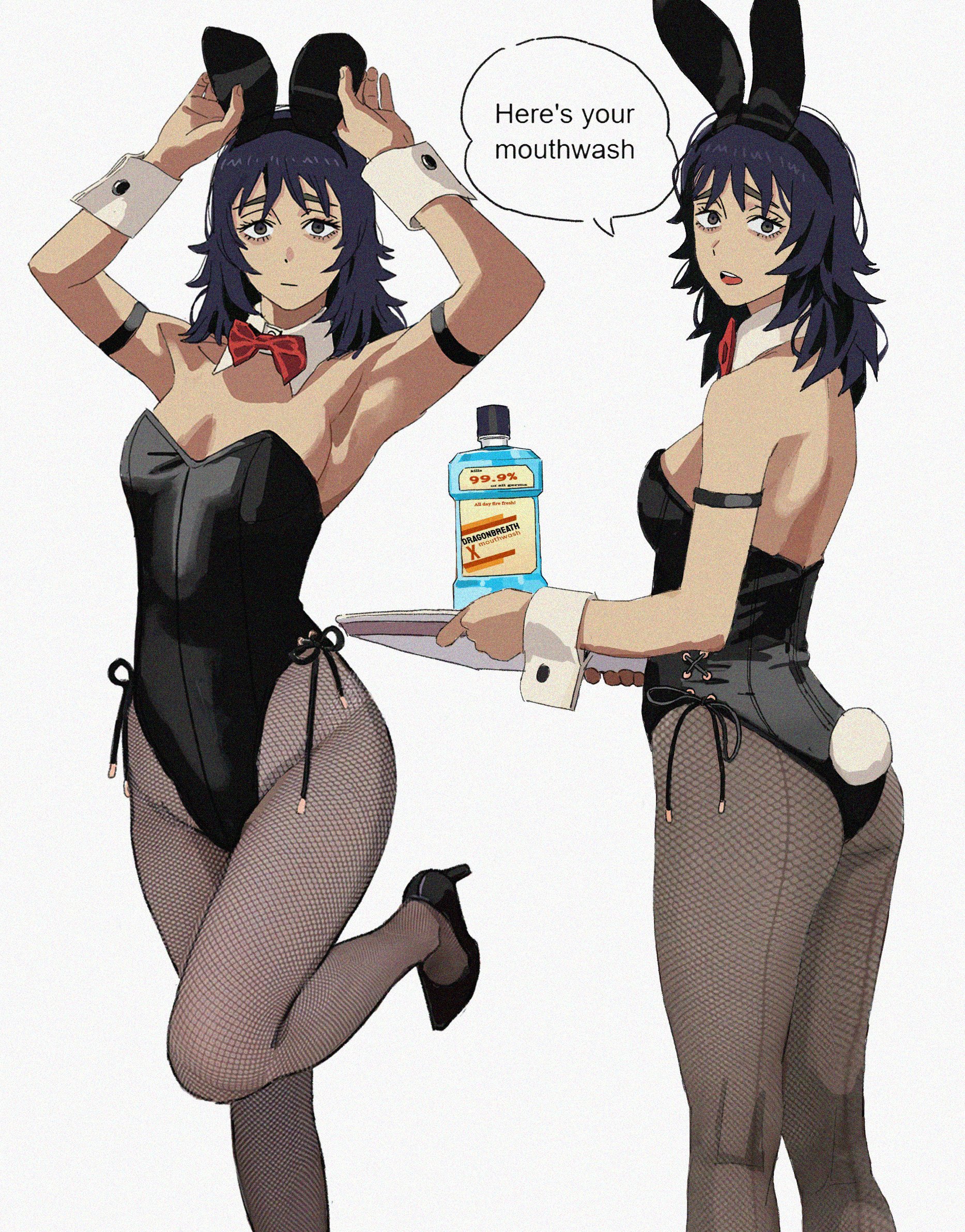 1girl animal_ear_hairband animal_ears anya_(mouthwashing) black_eyes black_hair black_leotard bow bowtie detached_collar english_text fake_animal_ears fake_tail fishnet_pantyhose fishnets hairband high_heels highres holding holding_plate leg_up leotard mouthwash mouthwashing multiple_views pantyhose plate playboy_bunny rabbit_ears rabbit_tail red_bow red_bowtie shiren_(ourboy83) simple_background solo speech_bubble tail white_background wrist_cuffs