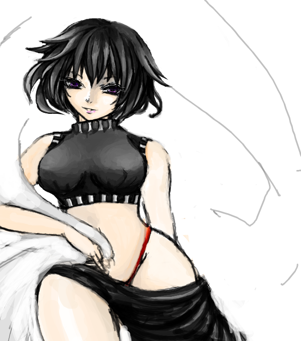 1girl armpits bare_legs black_hair blush breasts chinese_clothes crop_top female_focus fushoku houshin_engi looking_at_viewer midriff navel ou_kijin parted_lips purple_eyes short_hair smile solo thong