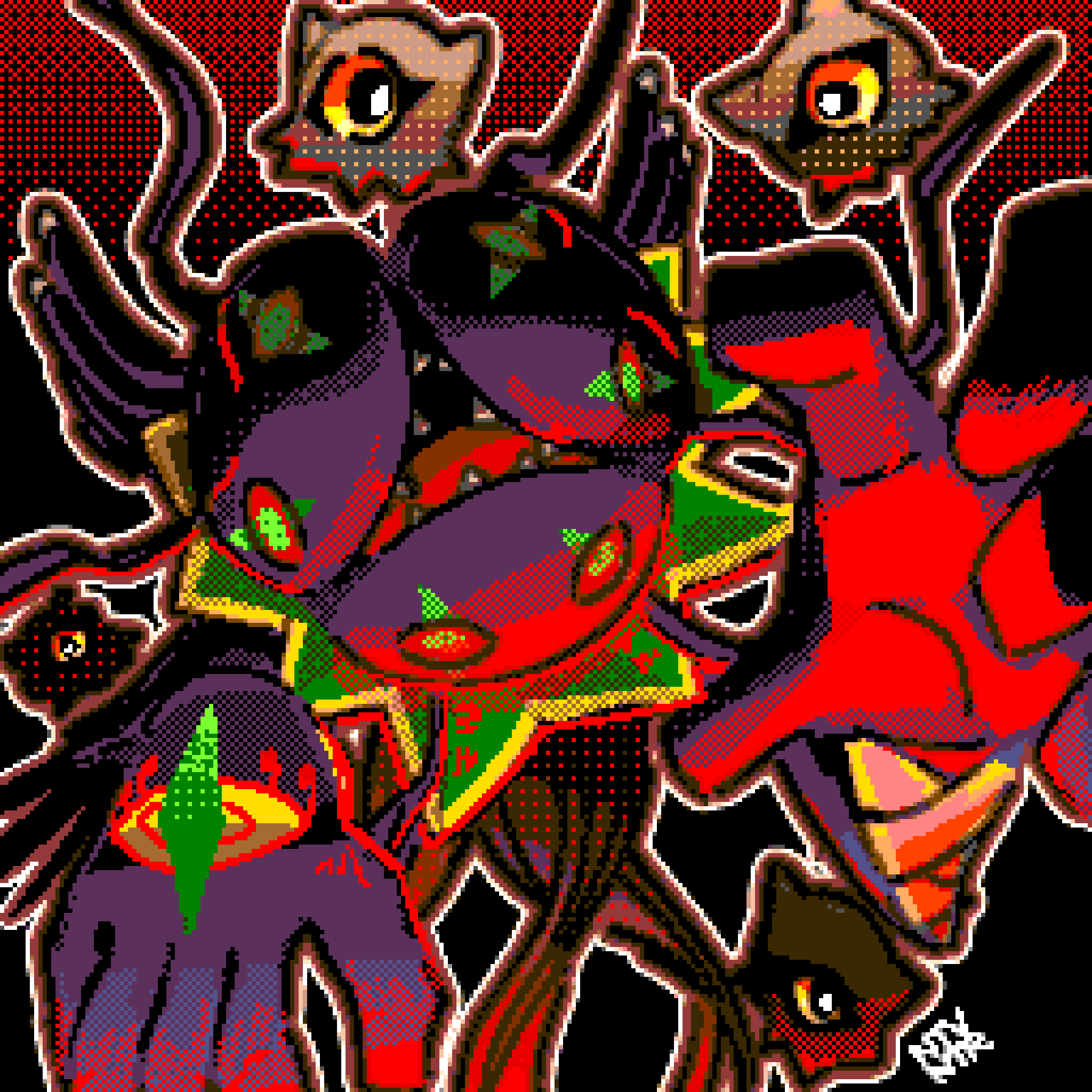 black_background digimon digimon_(creature) group_picture highres keramon keramon_x-antibody kuramon no_humans notaventura one-eyed pixel_art red_background sharp_teeth solo_focus teeth
