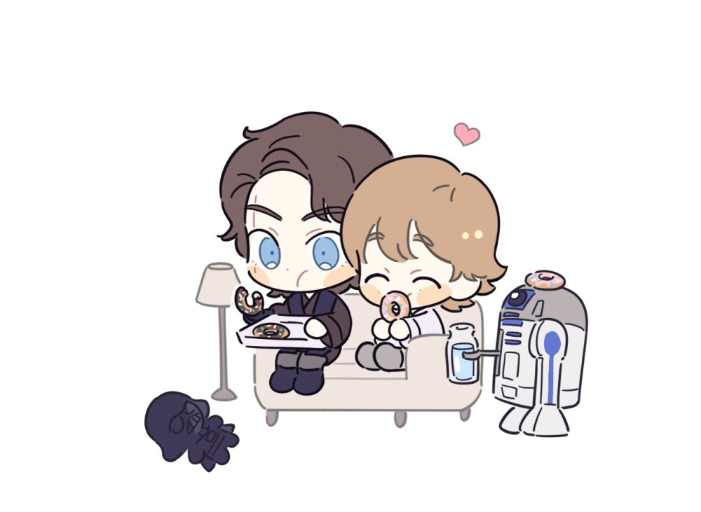 2boys anakin_skywalker blue_eyes blush_stickers character_doll couch darth_vader donut droid eating father_and_son food gloves lamp luke_skywalker milk multiple_boys r2-d2 robot simple_background single_glove sitting skdlfjgrp star_wars star_wars:_a_new_hope star_wars:_revenge_of_the_sith white_background