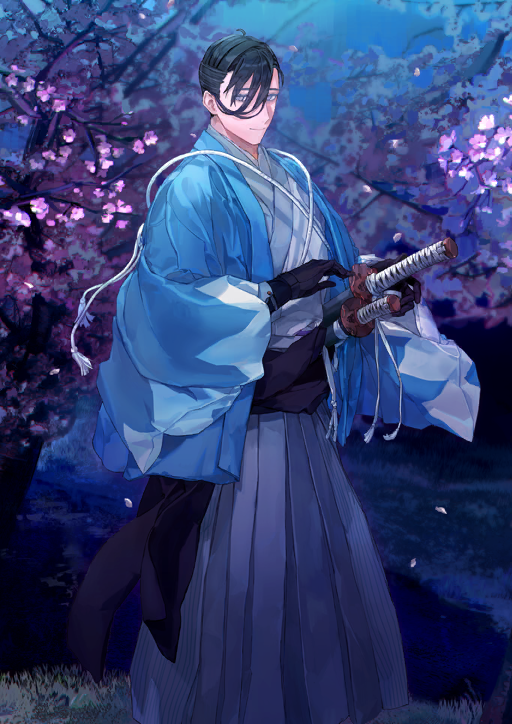 1boy aqua_haori armor black_gloves black_hair black_sash closed_mouth fate/grand_order fate_(series) feet_out_of_frame game_cg gloves grey_eyes grey_hakama grey_kimono hair_between_eyes hair_over_one_eye hakama hand_on_hilt hands_up haori japanese_armor japanese_clothes katana kibadori_rue kimono kote long_sleeves looking_at_viewer male_focus official_art sash sheath sheathed shinsengumi short_hair smile solo standing sword tassel third-party_source variant_set weapon wide_sleeves yamanami_keisuke_(fate)