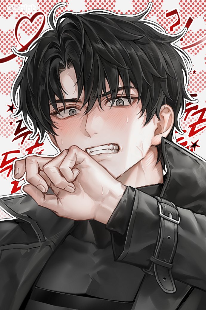 !? 1boy black_hair black_shirt black_straps blush clenched_teeth collared_coat fingernails grey_eyes hair_between_eyes heart heart_of_string leather_strap long_sleeves looking_at_viewer male_focus omniscient_reader&#039;s_viewpoint outline portrait shirt shjpt short_hair solo star_(symbol) sweat teeth tight_clothes tight_shirt white_background white_outline yoo_joonghyuk