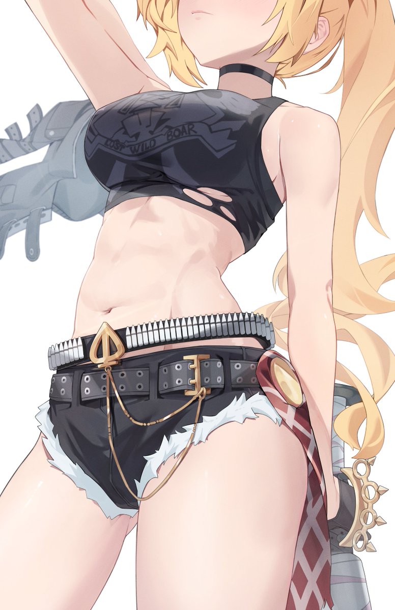 1girl arm_up baseball_bat belt black_belt black_choker black_jacket black_shirt black_shorts blonde_hair brass_knuckles breasts choker closed_mouth commentary cropped_shirt cutoffs head_out_of_frame holding holding_baseball_bat holding_jacket holding_unworn_clothes jacket jaihu long_hair luciana_de_montefio medium_breasts metal_baseball_bat micro_shorts midriff shirt shorts side_ponytail simple_background sleeveless sleeveless_shirt solo unworn_jacket weapon white_background zenless_zone_zero