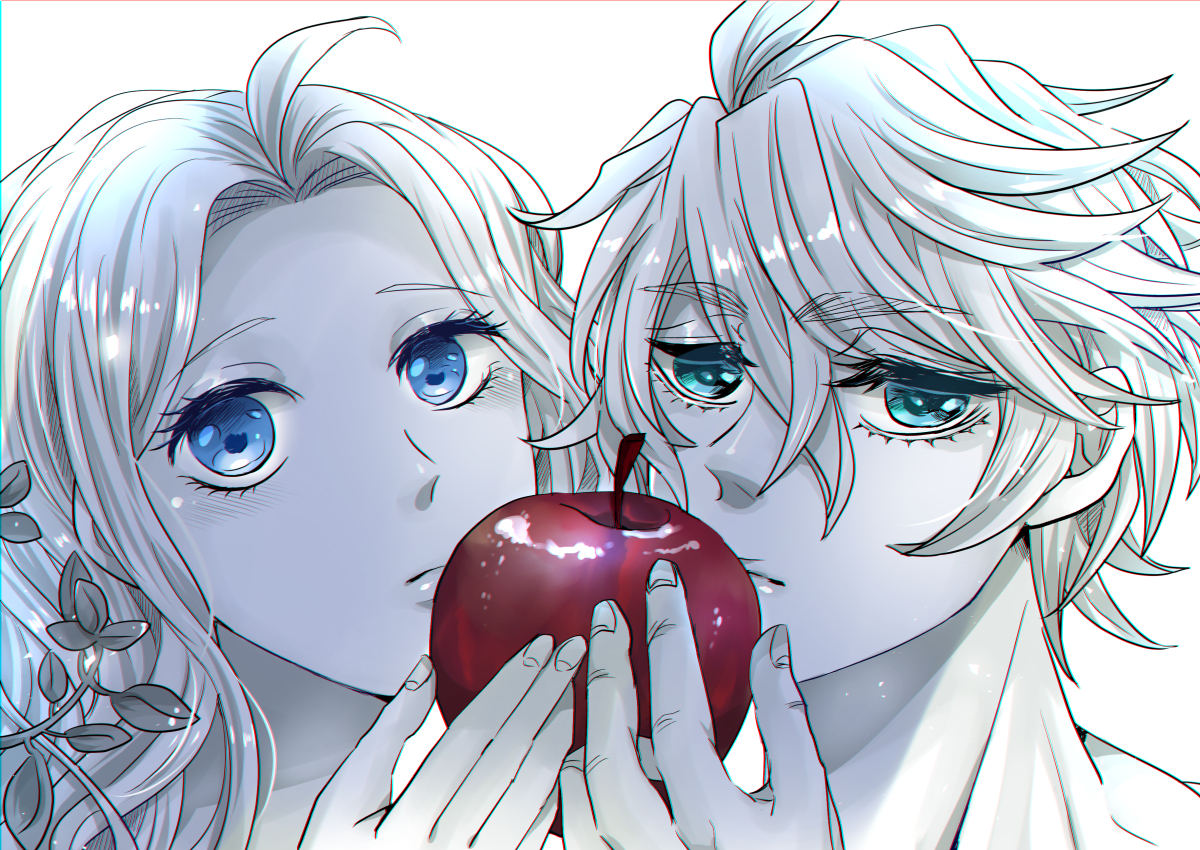 1boy 1girl adam_(shuumatsu_no_valkyrie) ahoge apple aqua_eyes blue_eyes collarbone eve_(shuumatsu_no_valkyrie) expressionless food fruit greyscale hair_between_eyes half-closed_eyes hand_up holding holding_food holding_fruit husband_and_wife jitome long_hair looking_at_viewer monochrome pointy_ears short_hair shuumatsu_no_valkyrie simple_background suzuka_(pixiv) tagme upper_body