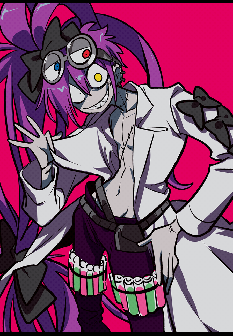 1boy asymmetrical_eyes bare_pectorals coat colored_skin earrings goggles goggles_on_headwear grey_skin hair_between_eyes highres jewelry kaiten_muten-maru long_sleeves looking_at_viewer male_focus navel pants pectorals pink_background purple_hair purple_pants sameyama_jiro sharp_teeth solo stitched_face stitched_neck stitches teeth thia_vent_zoa vial white_coat