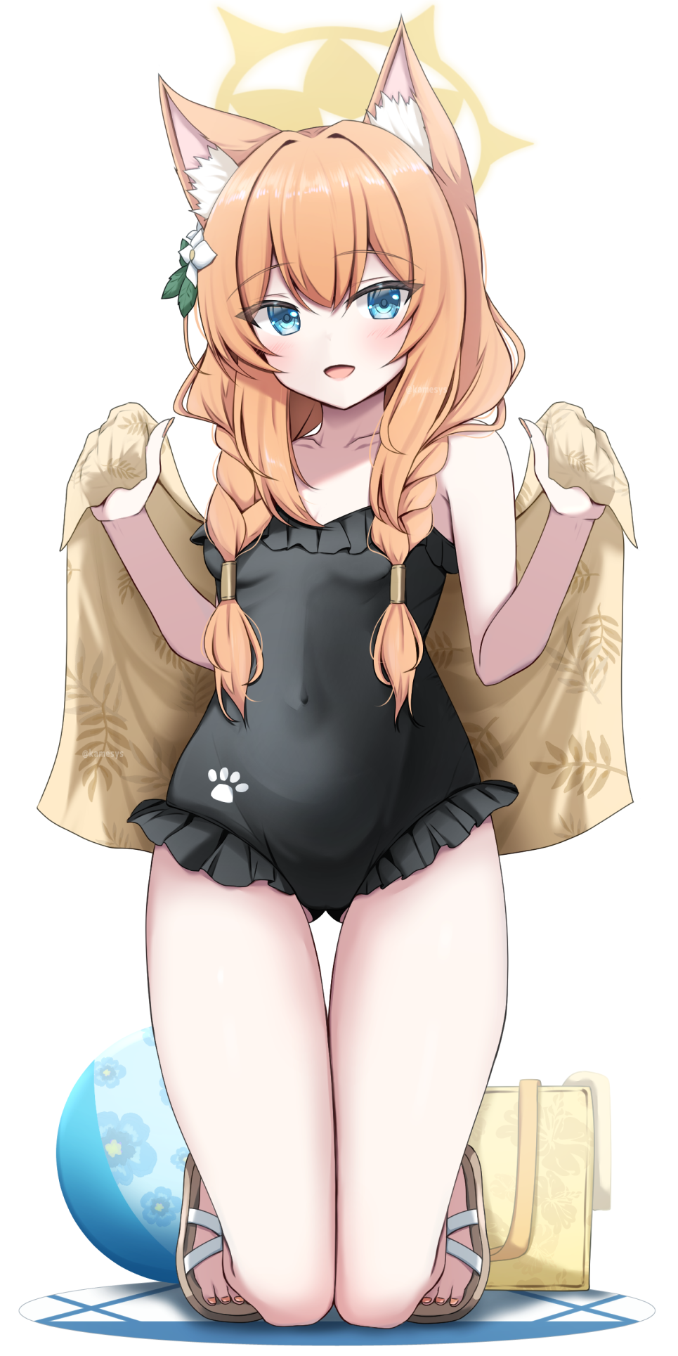 1girl animal_ear_fluff animal_ears black_one-piece_swimsuit blue_archive blue_eyes blush braid breasts cat_ears collarbone covered_navel fingernails flower foreshortening full_body hair_between_eyes hair_flower hair_ornament halo highres kamesys kneeling long_hair mari_(blue_archive) mari_(swimsuit)_(blue_archive) nail_polish official_alternate_costume one-piece_swimsuit open_mouth orange_hair orange_nails sandals simple_background single_braid small_breasts smile solo swimsuit toenail_polish toenails toes white_background white_flower yellow_halo